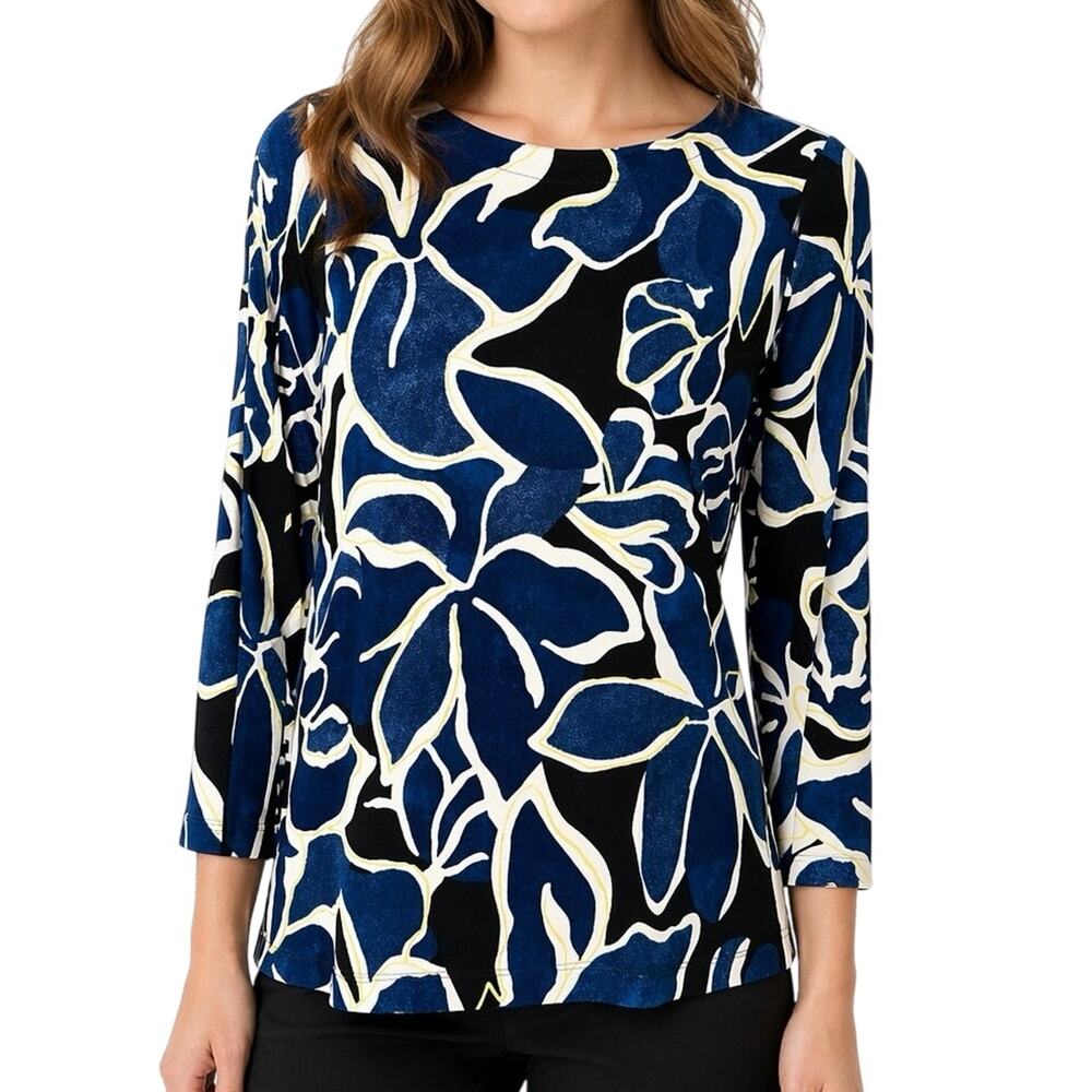 Chicos SMALL 0 US 4/6 Slinky Blue Black Yellow Stretchy Floral Blouse Shirt Top